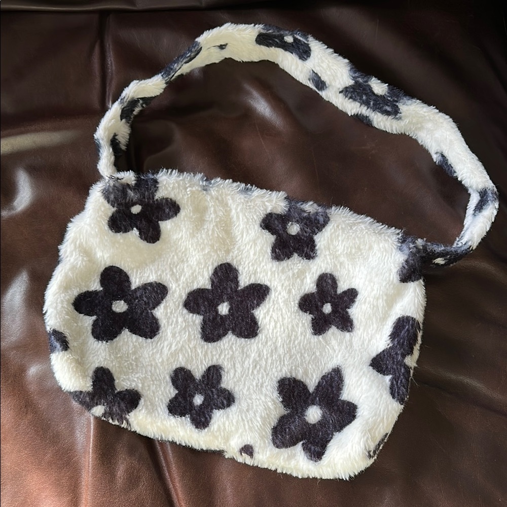 Plush Floral Purse White and Black